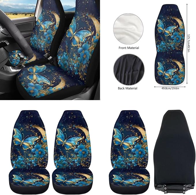 Howilath Butterfly Moon Floral Car Seat Cover Set of 10 with Front Seat Cover Split/Keychain/Seatbelt Pads/Steering Wheel Cover/Armrest Cushion/Coasters, Universal Fit All Seasons