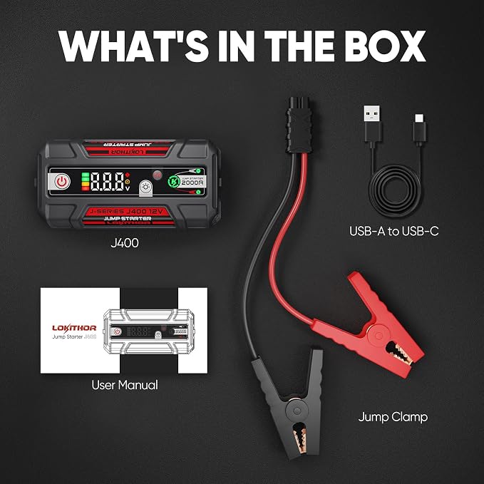 LOKITHOR J400 Jump Starter - 12V 2000A Lithium Battery Jump Pack, Portable Jump Box, Car Starter, Jumper Cables - for Up to 8.0L Gas & 6.0L Diesel Engines | ConnectMax Tech - Smart Digital Display