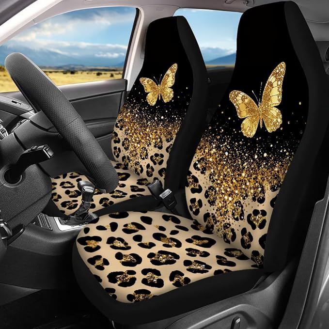 Leopard Print Car Seat Covers 17 Pack,Gold Butterfly Car Accessories Full Sets with Car Mats Full Set,Steering Wheel Cover,Seat Belt Cover,Funda para Volante De Carro Auto Interior for Women