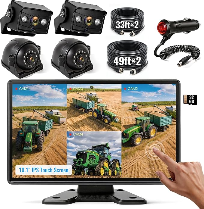 1080P Wired Backup Camera System, 10.1" DVR IPS Touchscreen + 4 IP69K Water/Dust Proof Rear & Side Cameras, Vibration-Proof 20G for Hitching, Farm Work, UTV, Trailer, Tractor, Truck, Combine