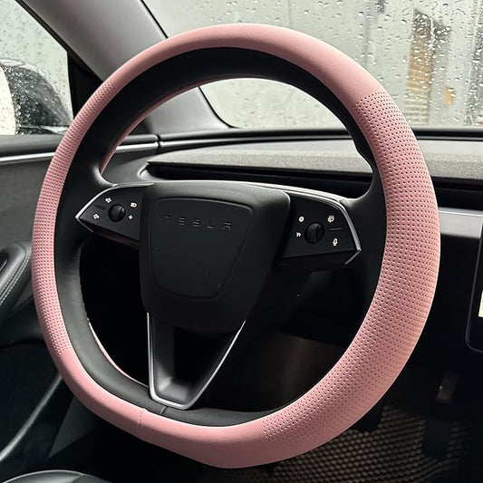 PINCTROT Nappa Leather Steering Wheel Cover for Tesla Model Y/3 Highland/Juniper, D Shaped 14 Inch Small Sized with Breathable Perforation, Fit Like Gloves, Flat Bottom 14 Inch(Nappa Pink)