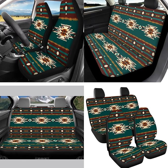 Green Southwest Tribal Geometry Seat Covers for Car 14 Pcs,Aztec Car Steering Wheel Cover+Cup Holder Pad+Keychain+Gear Shift Knob Handbreak Cover+Auto Interior Mirror Covers Universal Fit