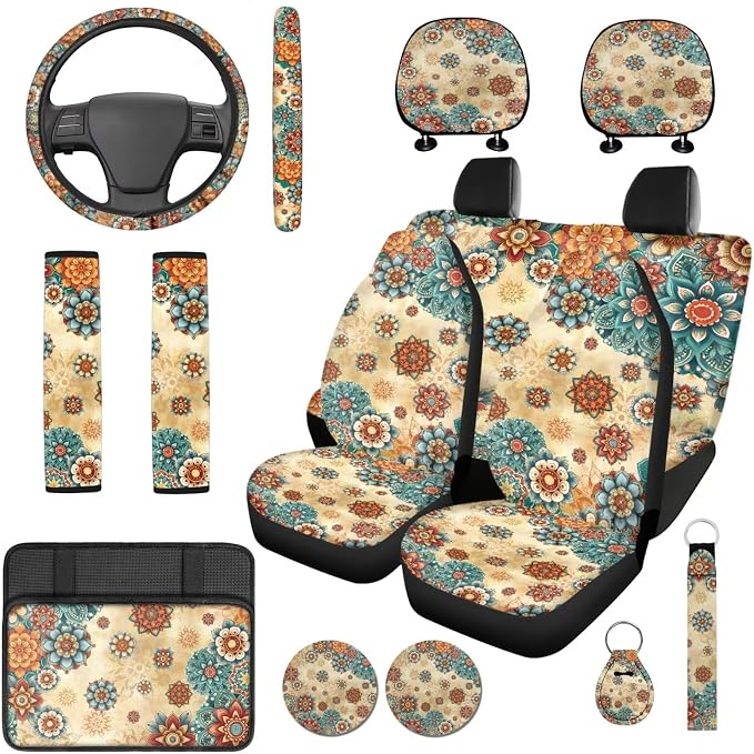 Bulopur Boho Dahlia Floral Vehicle Seat Covers Full Set with 15 Inch Steering Wheel Cover Center Console Cushion Seat Belt Covers Coasters Automotive Interior Decor Set 14 PCS
