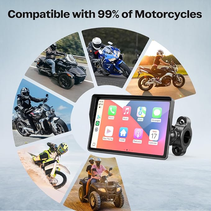 WonVon Motorcycle CarPlay Screen with Android Auto – 5” Waterproof GPS, Pantalla para Moto, Apple CarPlay, Navigation System for Motorcycle, Dual 2K Dash Cam Bluetooth Audio & TPMS (No SD Card)