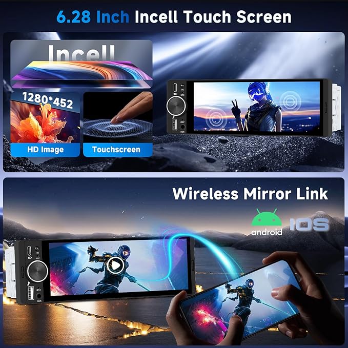 Upgrade Single Din Car Stereo, Wireless CarPlay Android Auto, 6.28'' Single DIn Touch Screen Car Radio with Backup Camera, Single Din Radio Supports Bluetooth 5.2, SWC, FM, USB, Type-C, Aux
