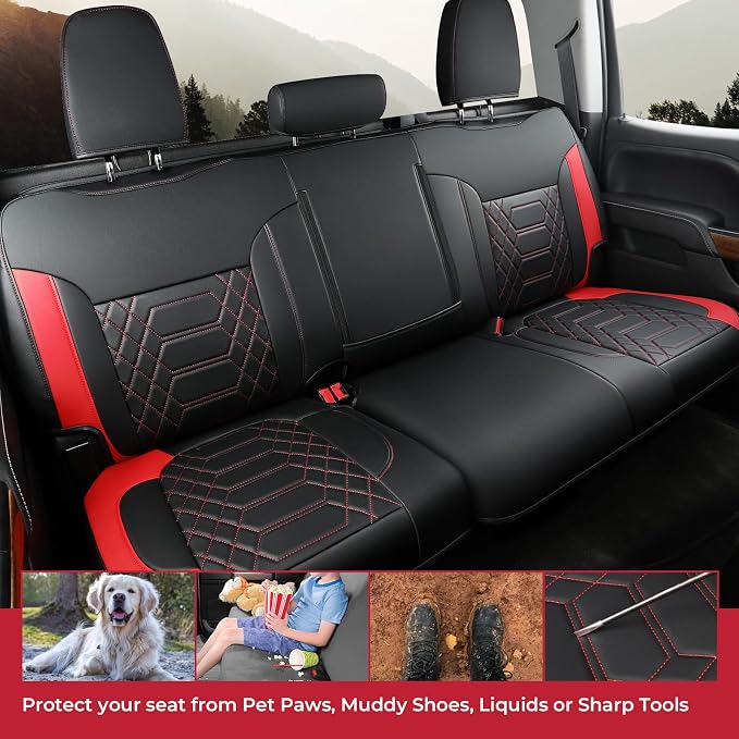 FREESOO for Silverado 2019-2024 2025 2026 Faux Leather Full Set Seat Covers, Fit for Chevy Silverado GMC Sierra 1500 Crew Cab Waterproof Truck Seat Covers BlackRed