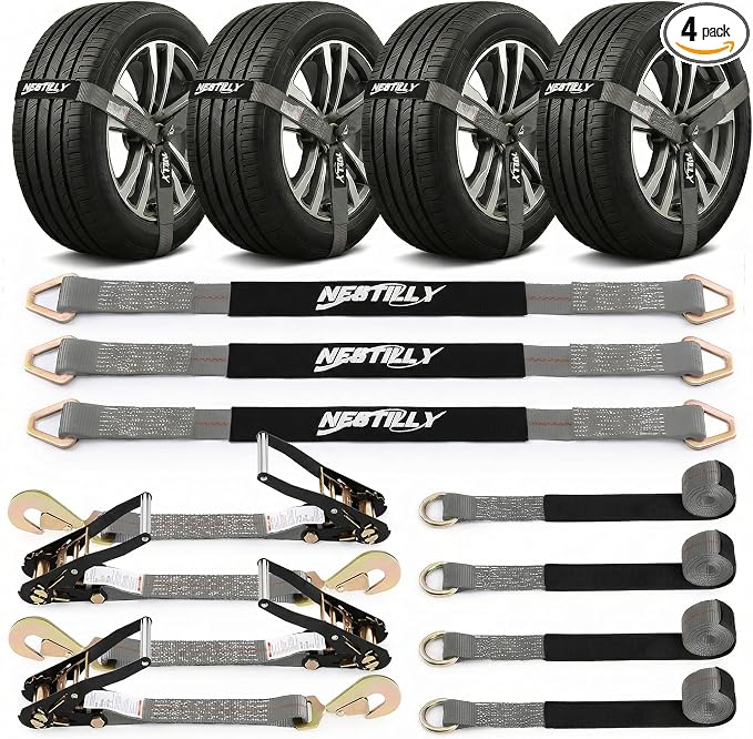 Over Wheel Tie Down Straps for Trailers, 4 Pack 2" x 10' Heavy Duty Ratchet Straps 10,000 lbs Break Strength, Tire Lasso Straps with Snap Hooks for Car Hauler, UTV, ATV, Includes (4) 36" Axle Straps
