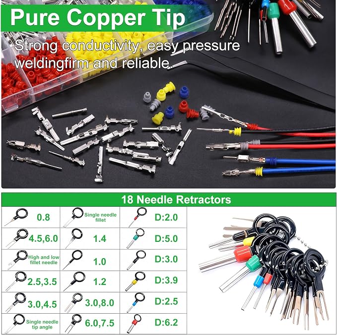 Twidec/535Pcs Car Electrical Wire Terminal Pins Connector Kit 1/1.5/1.8/2.2/2.8/3.5mm 26Type Male&Female Connectors Pin Terminal Auto Non-Insulated Plug Removal Crimp Pins with Wire Crimper Tool