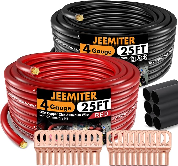 Jeemiter 4 Gauge Red Black Power Wire Kit (25ft Each) | Total 50ft CCA Cable for Full Stereo Install & Battery Relocation | with Heat Shrink & Connectors