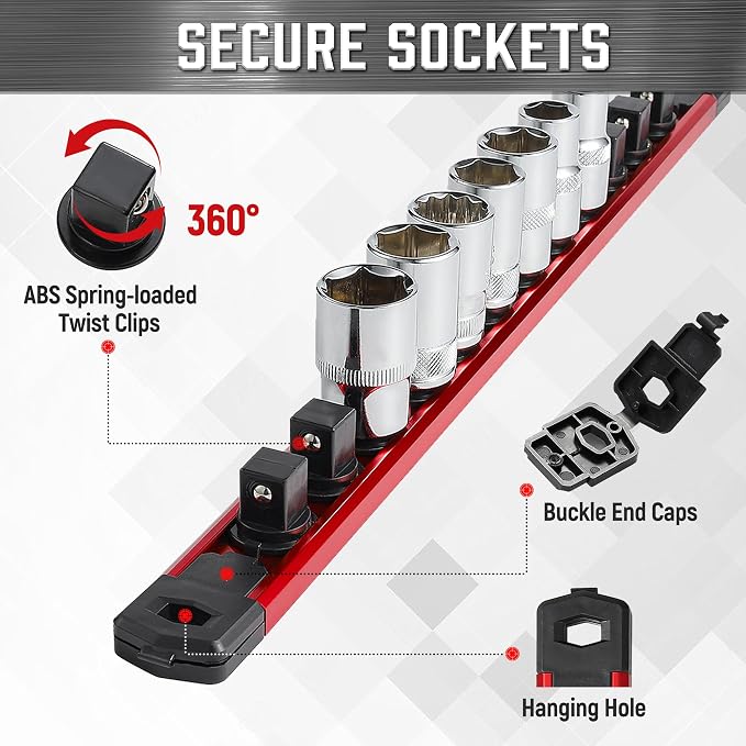 ALOANES 3/8 Red Magnetic Socket Organizer and 64-Piece 3/8" Drive Socket Set, SAE (5/16"-1") & Metric (6mm-24mm)