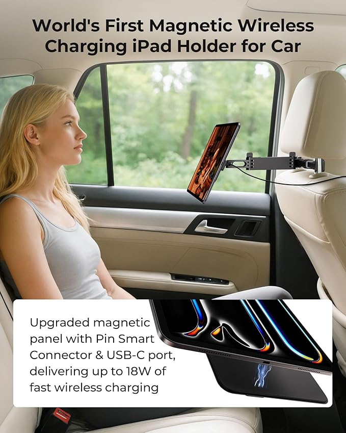 KU XIU Magnetic Wireless Charging Car Headrest Tablet Holder for iPad Pro 11'' M4/M5 Only, Adjustable Long Arm Tablet Car Mount Back Seat for Kids, Road Trip Essentials Holder with Air Vent Stand
