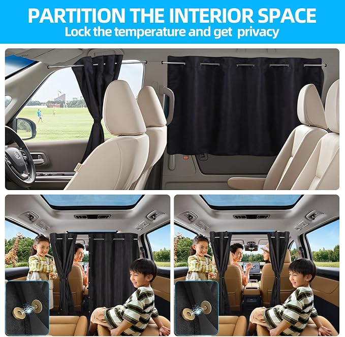 ZATOOTO Car Window Shades Set of 3, Side & Back Window Blackout Car Divider Curtains, Opaque Suede, Totally Blackout, Adjustable Length for Most Cars, Sedans, Vans & SUVs