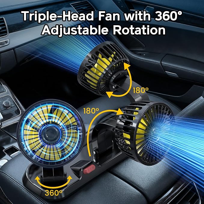 Portable 3-Head Car Cooling Fan, Fans for Vehicles Cars Trucks Dashboard (Cigarette Lighter Plug, No Battery)