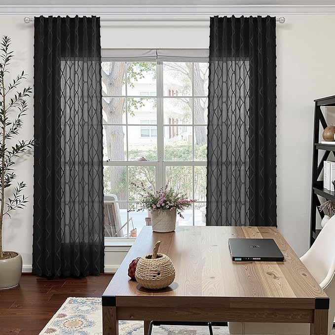 Black Sheer Curtains 96 Inches Long for Living Room 2 Panels Back Tab Light Filtering Privacy Diamond Patterbed Drapes Fluffy Tufted Modern Farmhouse Window Curtain Elegant Decor for Bedroom 52x96