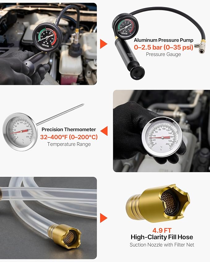 VEVOR Coolant Pressure Tester Kit, 47Pcs Radiator Vacuum Refill Kit with 3 Metal Adapters, Universal Fit, Automotive Cooling System Pressure Tester Tool, with Pressures Pump & Aluminum-Plastic Filler