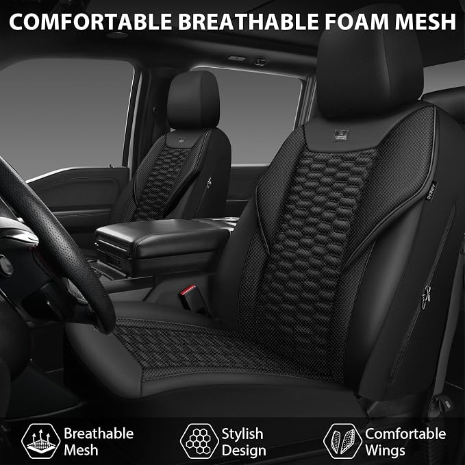 CAR PASS 3D Foam Mesh Leather Car Seat Covers Front Seats, Leather Mesh Front Seat Covers for Car,Breathable Universal Fit for SUV Truck Sedan Van Automotive, Armrest Airbag Compatible,Black