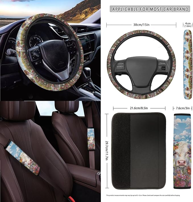 Cow Floral Print 15 PCS Car Front Back Seat Cover Full Set, Seat Belt Strap Pad Steering Wheel Covers Air Vent Storage Bag Cup Holder Rear View Mirror Cover Key Chain Auto Decor