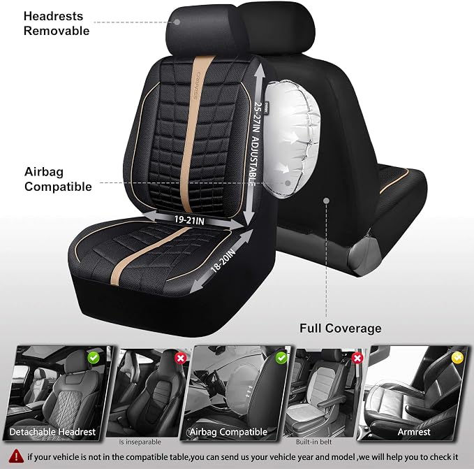 CAR PASS 3D Air Mesh Seat Covers for Car, Leather Car Seat Cover Front Seats, Breathable Foam Premium Leather Mesh Front Seat Covers Universal Fit for Cars Sedans Trucks Vans SUVs, Black Beige