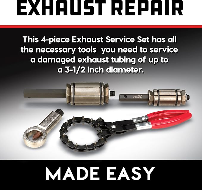 Powerbuilt 4 Piece Exhaust Pipe Tool Set, Repair Tailpipes, Expanders, Removing Dents, Chain Cutter, Nut Splitter, Import and Domestic Vehicles 648612