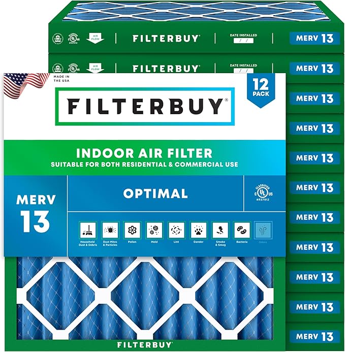Filterbuy 18x18x2 Air Filter MERV 13 Optimal Smoke & Allergy Defense (12-Pack), Electrostatic Pleated HVAC AC Furnace Filters Replacement (Actual Size: 17.75 x 17.75 x 1.75)