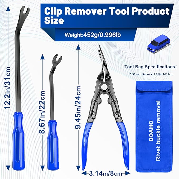 DOAHO 17Pcs Mechanic Hook and Pick Tool Set & Car Trim Removal Kit with Fastener Clip Pliers,Rivet Puller,Magnetic Pickup,Gasket Scraper,Non-Scratch Plastic Pry Tools for Automotive Repair-Blue