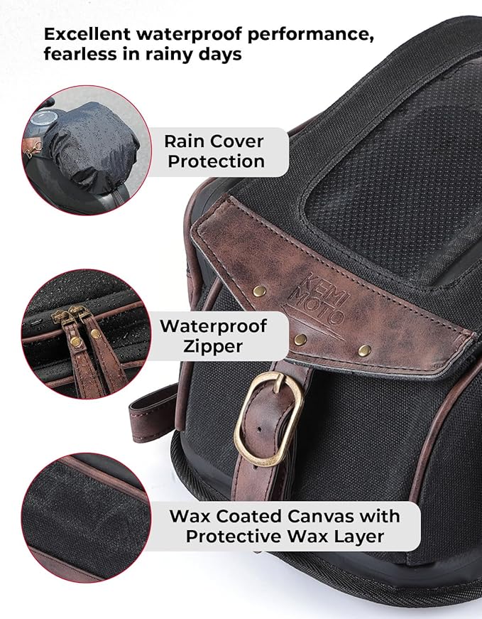 KEMIMOTO Motorcycle Tank Bag, Retro Expandable Storage Thigh Bag Leg Bag with Leg Strap, Waterproof Touch Screen Protector for Mobile Phones, Oil Waxed Canvas Material, Black 8.5L