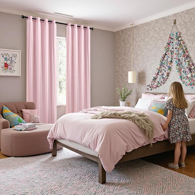 XiDi Blackout Light Pink Curtains Star with Sheer Overlay for Girls Bedroom Living Room 84 Inches Long 2 Panels Nursery Kids Princess Room Darkening Drapes Grommet Window Curtains Baby Pink 34x84