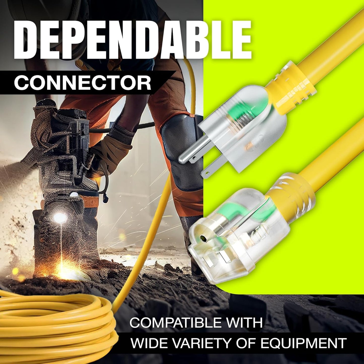 50ft Outdoor/Indoor Extension Cord 10/3 Gauge Ultra Heavy Duty 3 Prong SJTW, Waterproof, Flexible Cold-Resistant Long Power Cord,15A 125V 1875W, Yellow by LifeSupplyUSA