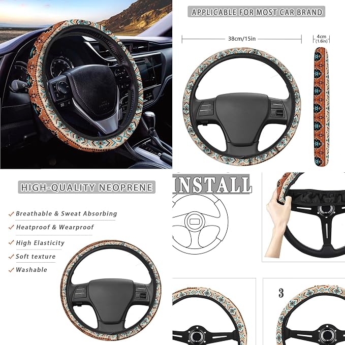 Western Seat Covers Full Set with Aztec Western Horse Steering Wheel Cover, Shoulder Pads, Cactus Seat Covers Car Accessories Universal Fit for Most Cars, Brown