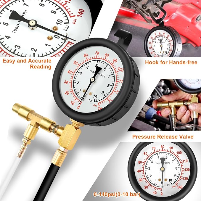 0-140PSI Fuel Injector Injection Pump Pressure Tester Gauge Kit Car Tools