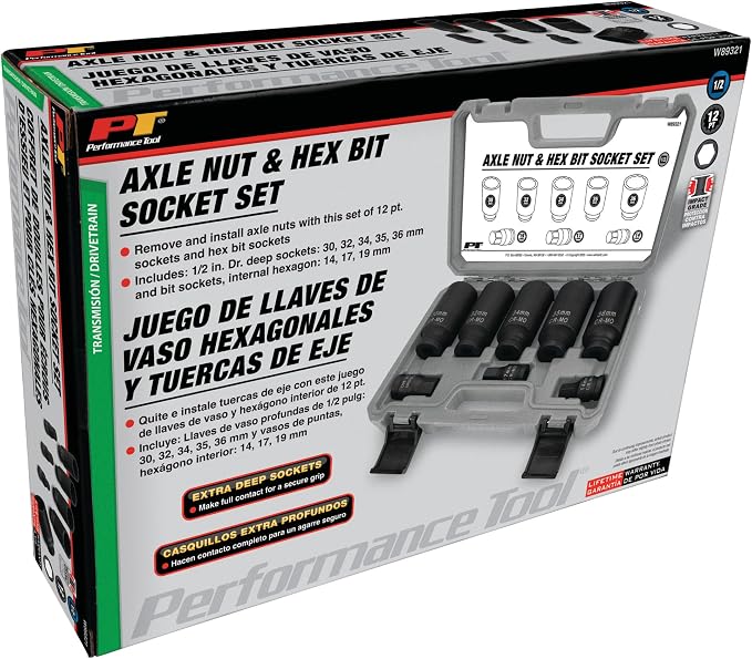 Performance Tool W89321 Axle Nut and Hex Bit Socket Set (8 Pieces) - Chrome Molybdenum Steel Construction, Extra-Deep Sockets for Secure Grip, Corrosion Protection, Fitted Storage Case - 1/2 in. Drive