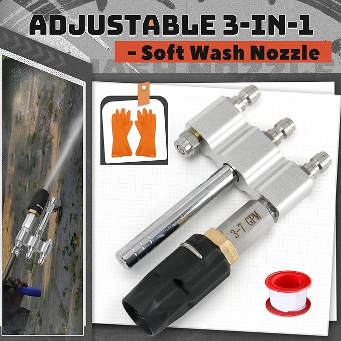 3-in-1 Downstream Soft Wash Nozzle, Adjustable Shooter Tip M5 Twist Nozzle, 0-60° Spray Pattern with 1/4" Quick Connect for 3-7 GPM 1700-6000 PSI Pressure Washer