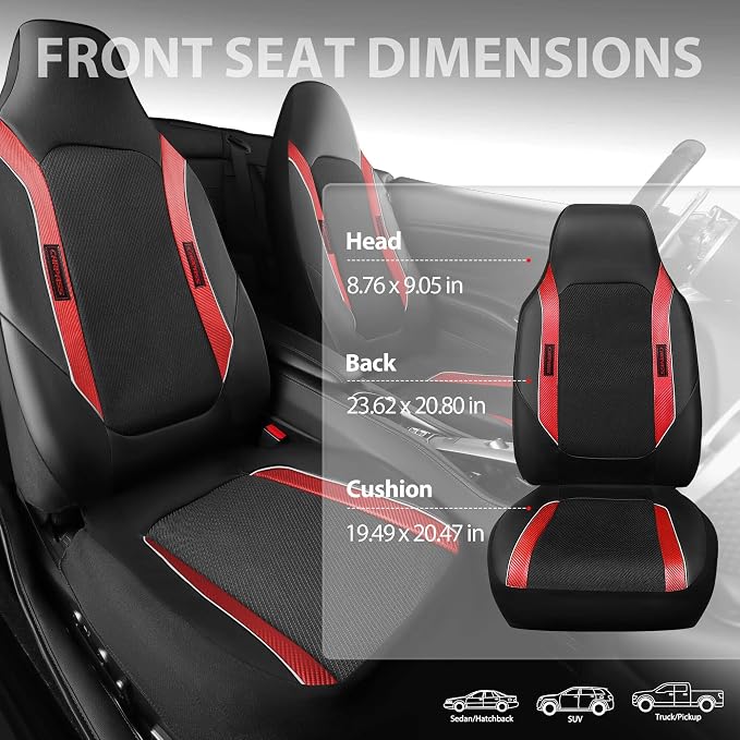 CAR PASS Sporty High Back 3D Oxford Waterproof Car Seat Cover Two Front, Universal Carbon Fiber Leather Bucket Seat Cover All Weather, Airbag Compatible Fit Sports Car SUV Sedan Truck Black Red
