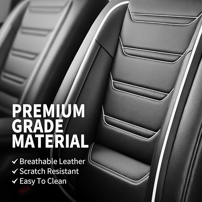 Fit XT4 Car Seat Covers (Front Pair) for Select Cadillac XT4 2019-2026, Premium Full Coverage Leather, Airbag Compatible, Scratch-Resistant, Waterproof, All Weather Seat Protector, Black+White