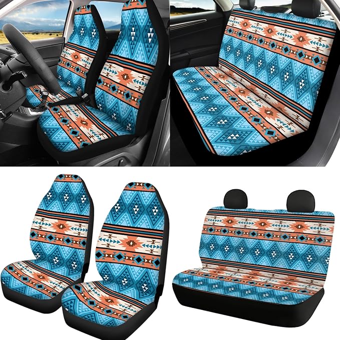 Aztec Seat Covers Full Set with Aztec Steering Wheel Cover, Shoulder Pads, Aztec Auto Seat Protector Car Accessories Universal Fit for Most Cars, Blue