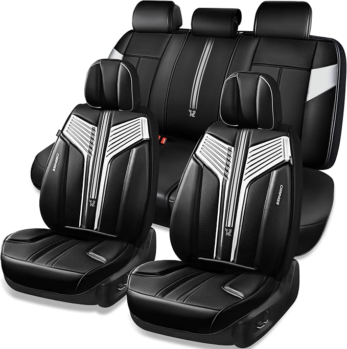 CAR PASS Nappa Leather Seat Covers, Breathable Waterproof Car Seat Covers Full Set, Luxury Leather Front and Back Seats Full Coverage, Universal Fit SUV Pick-up Truck Sedan Automotive(Black Sliver)