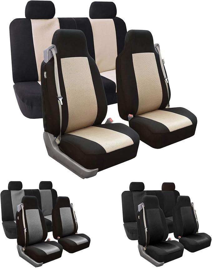 FH Group FH-FB302114 All Purpose Flat Cloth Car Seat Covers Beige/Black Color with F11306 Vinyl Floor Mats, Beige/Black Color - Fit Most Car, Truck, SUV, or Van