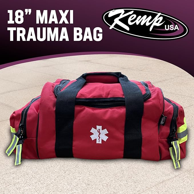 Kemp USA Maxi Trauma EMS Medical Bag Red 600D Nylon Water Resistant First Aid Kit Organizer Large Paramedic Emergency Response Bag with Reflective Trim Adjustable Strap