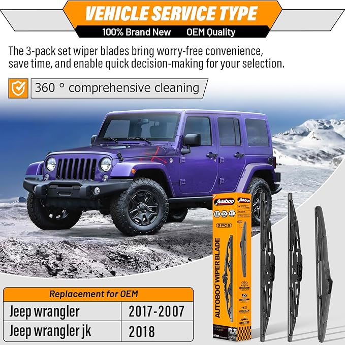 AUTOBOO 15 +15+13 Windshield Wiper Blades Replacement for Jeep Wrangler 2007-2017 -Original Factory Quality (Pack of 3)