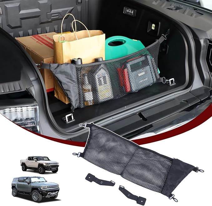 Front Trunk Storage Cargo Net for Hummer EV SUV Pickup Truck Accessories 2022-2024 2025 2026 Expandable Elastic Heavy Duty Trunk Storage Organizer Mesh with 4 Metal Carabiners(Envelope Style)
