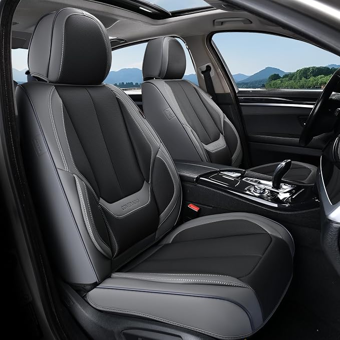 Coverado Seat Covers, Car Seat Covers Full Set, Leather Seat Covers for Cars, Car Seat Protector, Gray Car Seat Covers Front Seats and Back Seats Universal Fit for Most Cars Black