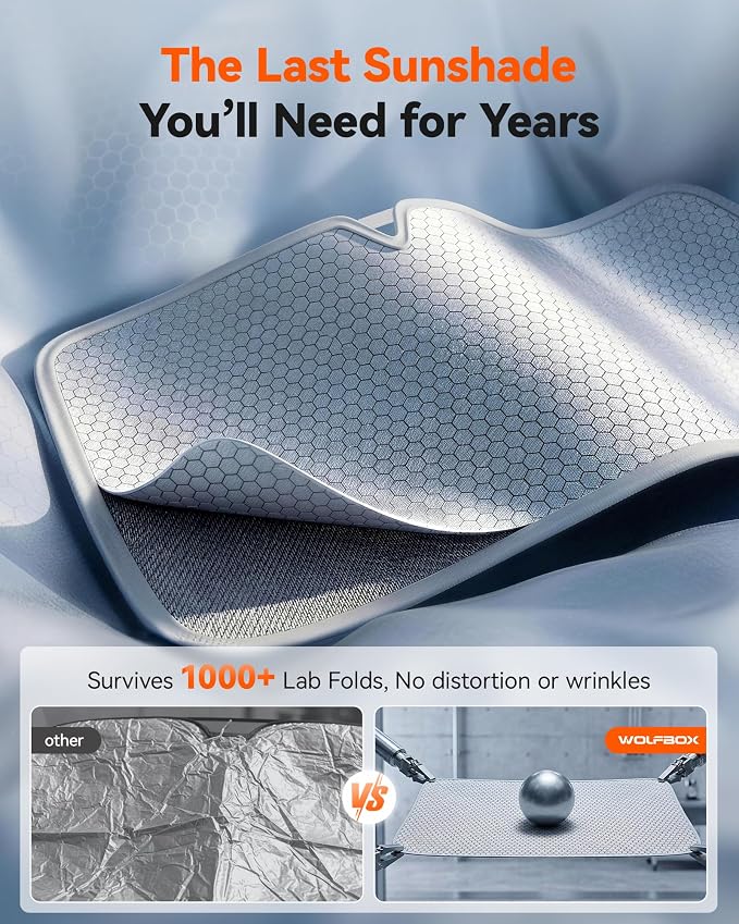 WOLFBOX Foldable Car Windshield Sun Shade, Maximum UV & Heat Shield Front Window Sunshade Visor Protector for SUV Trucks Sedans (Graphene, 64''x34'')