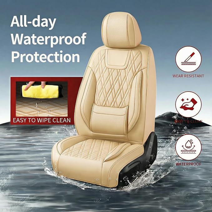 Car Seat Covers Compatible with Ford Taurus 2002-2019 - Full Set 5 Seats Luxury Leather All-Weather Seat Cushions & Protectors, Waterproof & Breathable, Airbag Compatible (Beige)