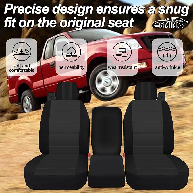 ESMING 40/20/40 Durable Oxford Fabric Front Split Bench Seat Covers for Ford F150 XL Standard Cab 2004 2005 2006 2007 2008 with Integrated Seatbelts & Solid Armrest- Black