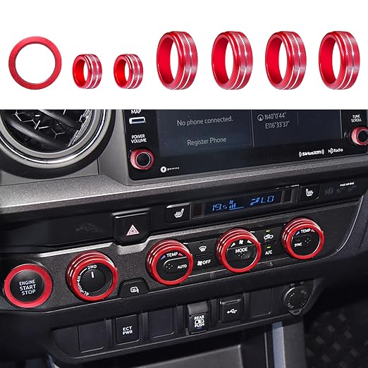 for Toyota Tacoma Accessories 2023 2022 2021 2020 with 8" or 7" Touchscreens Knob Covers - AC Vent Ring Button Knob Covers for Air Conditioner Volume Mirror Push Start Stop Button Trim 12Pcs (Red)