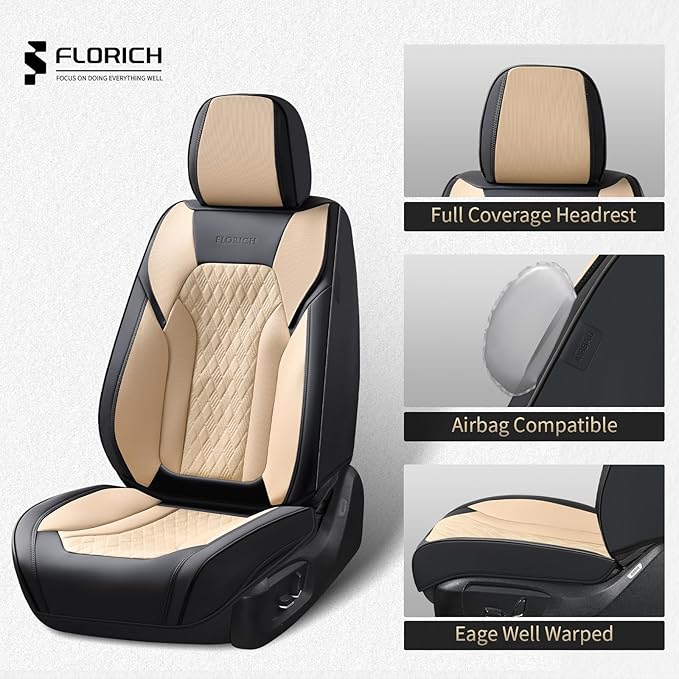 FLORICH Seat Covers, Car Seat Covers Front Seats, Luxury Nappa Leather Seat Covers, Breathable and Waterproof Car Seat Protector 2 Seat, Automotive Seat Covers Universal for Most Cars-Black&Beige
