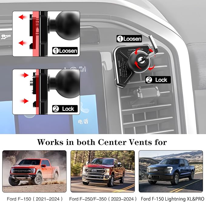 EASEORD Aluminum Vent Phone Mount Compatible with Ford F150 (2021-2025), F-250/F-350 (2023-2024), F150 Lightning XL & PRO，Metal Phone Holder with 360 Rotation for iPhone, Android, Samsung & All Phones