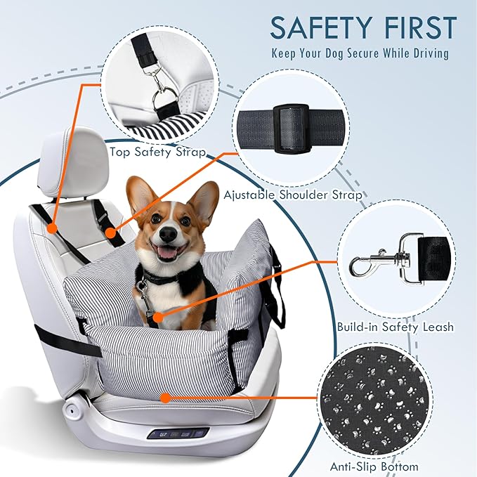 Dog Car Seat for Small/Medium Dogs Under 40 lbs - Elevated Pet Seat with Safety Belt, Non-Slip Base, and Storage Pockets for Car Travel,Navy