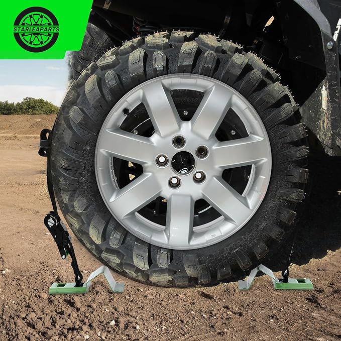 Heavy Duty Wheel Chock Tie Down Straps Set (2PK) - 4,400lb Guaranteed Max Break Strength, (2) 2" x 8' Trailer Tire Straps with (4) Wheel Chocks for ATV, UTV or Tractors