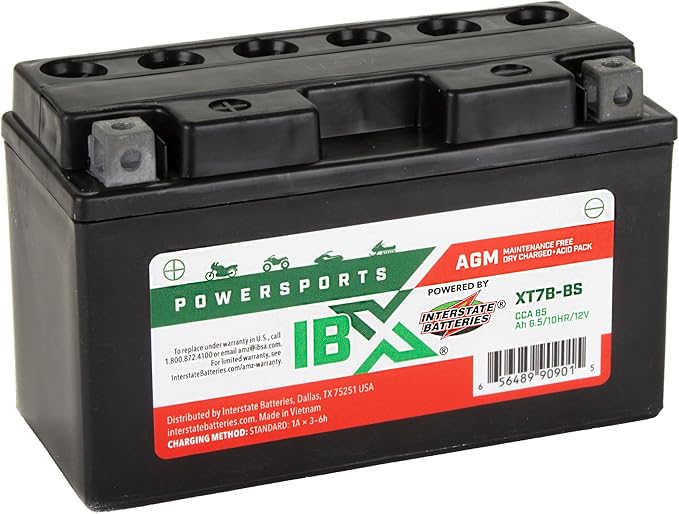 Interstate Batteries YT7B-BS 12V 6.5Ah Powersports Battery 85CCA AGM Rechargeable Replacement for Ducati, Suzuki, Yamaha, Motorcycles, Scooters, ATVs, Bikes (XT7B-BS)